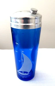 Hazel Atlas Ships Sailboat Sportsmen Series Blue Cocktail Shaker Exc Cond 1930's - Picture 1 of 11