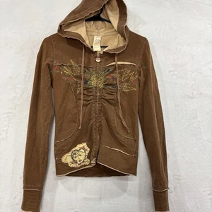 Y2K Embroidered Brown Fitted Zip Hoodie Womens S Birds Raw Trim Patchwork Art - Picture 1 of 17