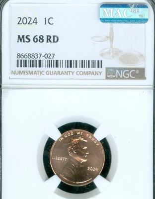 2024  LINCOLN SHIELD CENT NGC MS68 RD MAC 2ND FINEST & SPOTLESS . - Image 1 of 2