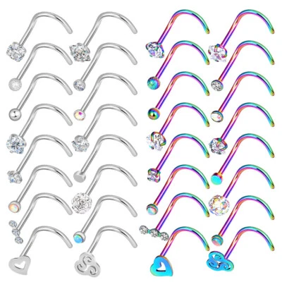 32 PIEZAS Perno de anillo para nariz Acero quirúrgico L Curvado Hueso Pernos Barra de tornillo Circonita cúbica Piercing 20G Foto 1 de 4