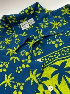 OP Ocean Pacific Mens Hawaiian Shirt Blue Lime Green Palm Trees Hula Girls 2X - Picture 1 of 7