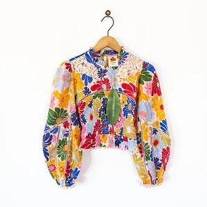 Farm Rio Sunny Daisies Smocked Ruffle Hem Blouse Size XS NEW Multi Cotton - Picture 1 of 23