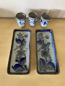 Vintage Tonala Mexican Pottery Trays Shot Glasses 5pc Set Butterfly Bird - Picture 1 of 13