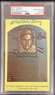 Bill Terry Signed Gold Plaque Postcard HOF Autograph PSA/DNA Yellow NY Giants 2 - Image 1 of 2