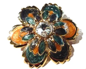 Bijou alliage doré broche rosace émaillée cristal blanc brooch - Picture 1 of 1
