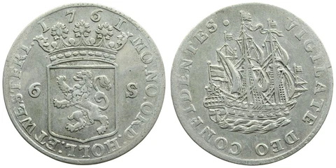 Netherlands Holland 6 Stuivers 1761 AU Stuiver Sailing Galleon Ship Silver Rare Cover