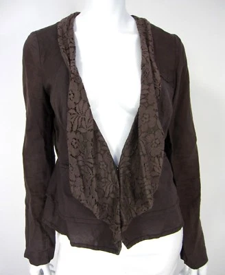 FREE PEOPLE LONG SLEEVE BLAZER SZ 6 SOLID BROWN LIGHTWEIGHT LACE COLLAR RUFFLED  - Image 1 of 4