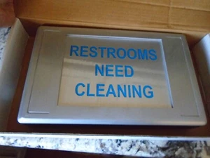 EXITRONIX RESTROOMS NEED CLEANING Sign BLUE w/ Mounting Plate Die Cast Aluminum - Picture 1 of 7