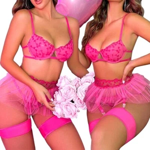 Women's Sexy Lingerie Set Embroidered Mesh Lace Bra and Panty with Garter Belt - Picture 1 of 27