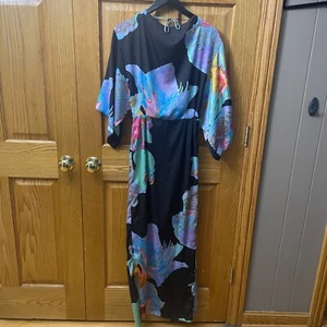 ASOS 70's Kimono Maxi Dress In Placed Black Floral Size 0 RARE PIECE SLIGHT FLAW - Picture 1 of 12