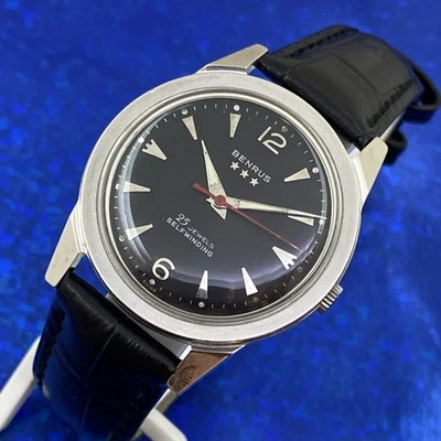 Vintage 1960’s Hombre’s BENRUS 3 Estrellas Cuerda Automática Esfera Negra Reparado y GARANTÍA Foto 1 de 4