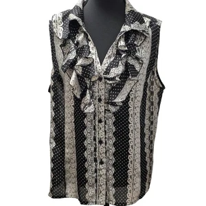 Tahari ASL Sleeveless Blouse Ruffle Front Polka Dot Sheer Top size PXL - Picture 1 of 4