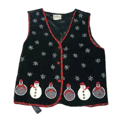 Mujeres Vintage Rabietas Vacaciones Navidad Muñeco de Nieve Chaleco Negro Terciopelo Talla M Defectos Foto 1 de 4