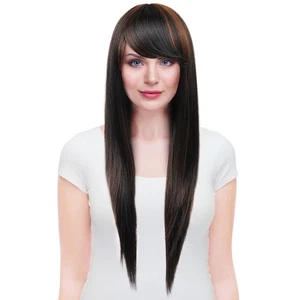 Full Bangs Long Black Straight Wig Heat Resistant Synthetic Hair Women's Wigs - Picture 1 of 6