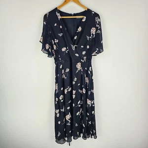 Jacqui E Dress Womens 16 Black Floral Wrap Style Tie Waist Slit Sleeve Lined - Picture 1 of 10