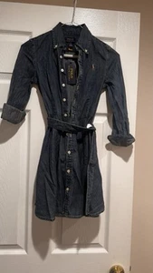 RALPH LAUREN GIRL SHIRT DENIM DRESS BELT SZ 8 INDIGO BLUE BUTTON CORE REPLEN NEW - Picture 1 of 5
