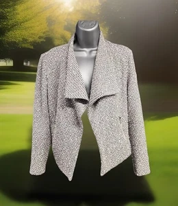 Calvin Klein Textured Brown White Open Blazer Jacket Women’s SMALL Zip Pockets - Picture 1 of 9
