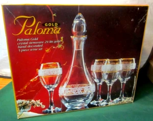 VINTAGE Paloma Gold Crystal Stemware 5 Piece Wine Set 4 Wine Glasses/Decanter - Picture 1 of 4