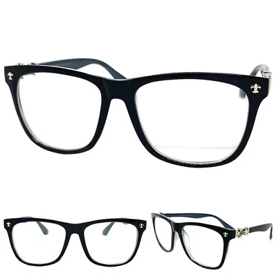 Mens Women CLASSIC VINTAGE Style Clear Lens EYE GLASSES Black Frame Silver Cross - Image 1 of 4
