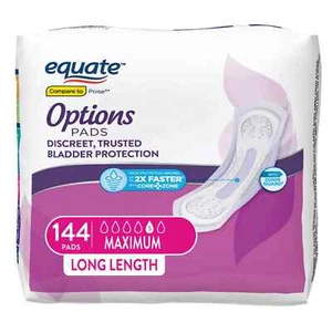 Equate Options Inkontinenzeinlagen für Frauen, maximal, lange Länge, 144 Stück - Bild 1 von 8