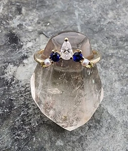 14k .585 Yellow Gold .08 ctw Diamond Sapphire Curved Sz 7 Ring Au 24280 - Picture 1 of 10