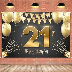 Black Gold 21st Birthday Banner Backdrop - 6x4 Ft Party Decoration - Picture 1 of 12