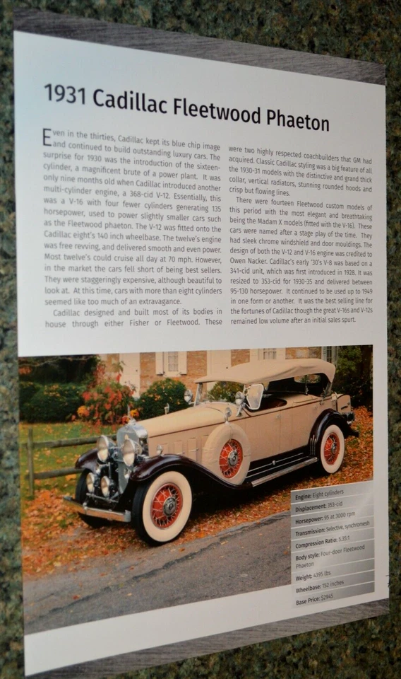 1931 CADILLAC FLEETWOOD PHAETON INFO SPEC SHEET PHOTO FEATURE PRINT 31★B - Image 1 of 1