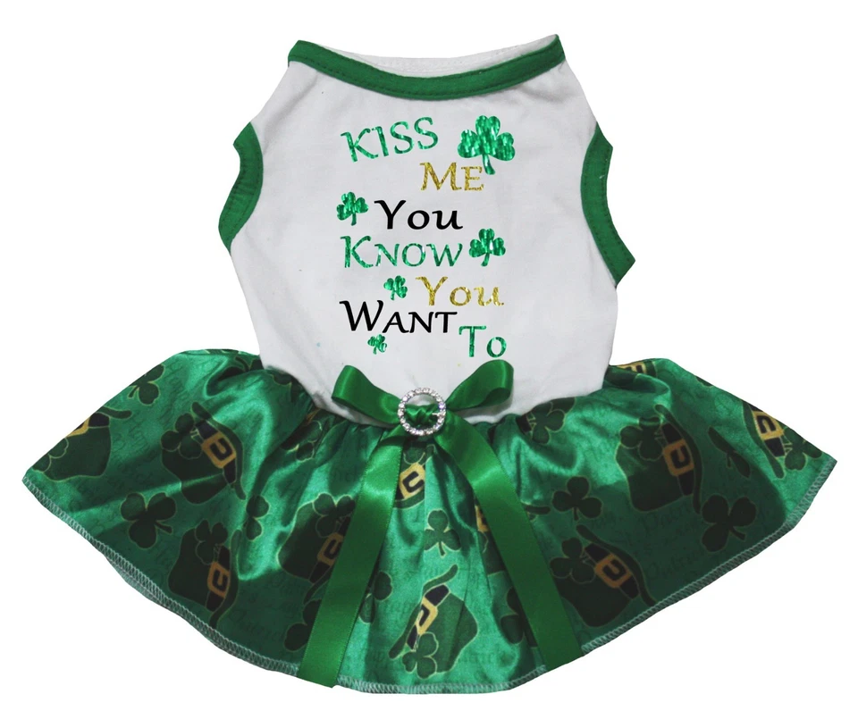 Kiss Me You Know You Want To White Top Green Clover Hat Tutu Pet Dog Puppy Dress - Image 1 of 1