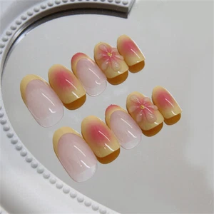 Short Almond Press-On False Nail Soild Flower Yellow French Blush Manicure 24pcs - Picture 1 of 6
