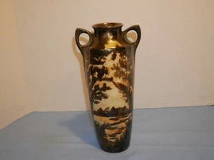 Prov Saxe E.S. Germany Outdoor scene luster finish beige brown tall vase c1902 - Picture 1 of 4