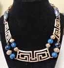 Stunning Design Greek Key Textured Panels with 2 Tone Blue and Goldtone Beads