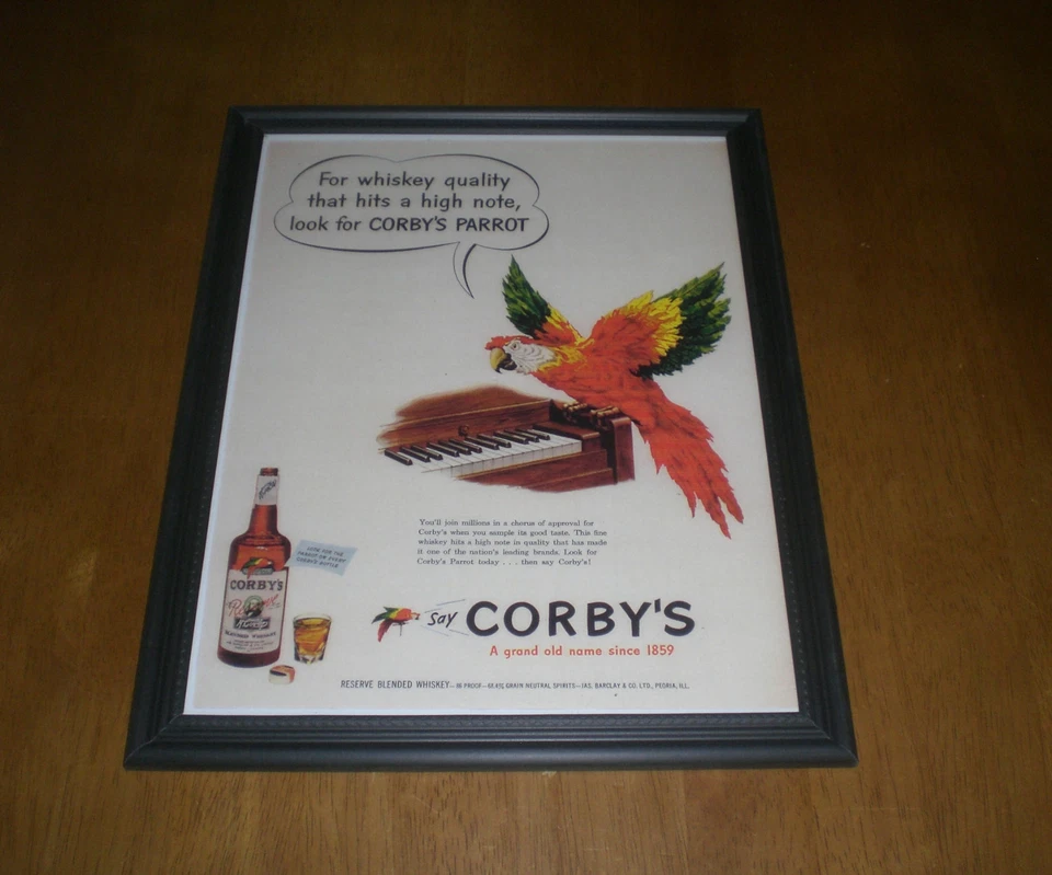 1940 CORBY'S WHISKEY PARROT FRAMED COLOR AD PRINT - Image 1 of 1