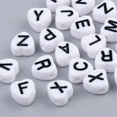 50 Heart Letter Beads Alphabet Acrylic Assorted Lot BULK Wholesale White Black  - Image 1 of 2