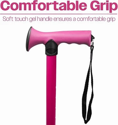 AIDAPT Folding Adjustable Aluminium Walking Stick with Ergonomic Rubber Handle - Pink