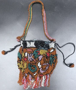 Antique Beaded Bag And Strap W/ Drawstring Closure - Great Colors: NEEDS REPAIR - Picture 1 of 9