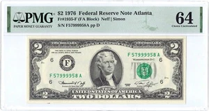 1976 $2 Fancy Serial Number Federal Reserve Note ☆☆ PMG 64 EPQ ☆☆ FR 1935-F 958 - Picture 1 of 2