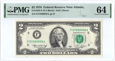 1976 $2 Fancy Serial Number Federal Reserve Note ☆☆ PMG 64 EPQ ☆☆ FR 1935-F 958 - Image 1 of 2