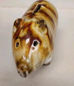 Rare Vintage Hole-Eyed Mocha Pig / Animal Piggy Money Bank  Yellow Ware  Pottery - Picture 1 of 8