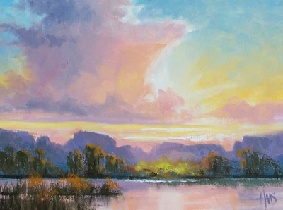 TOM HAAS painting 'San Pedro Evening' oil 9x12 Arizona river mountains sunset - Image 1 of 2