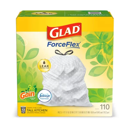 Bolsas de basura Glad ForceFlex 13 galones ganancia aroma febreze, 110 unidades protector contra fugas Foto 1 de 4