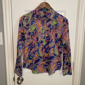 LAUREN Ralph Lauren Petite Paisley Print Long Sleeve Button Up Shirt Women's P/M - Picture 1 of 3