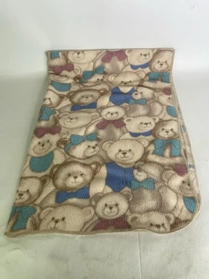 Vintage Springmaid Teddy Bear All Over Print Fleece Baby Blanket USA Made - Image 1 of 4