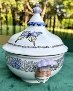 Art Nouveau Tureen Style Porcelain Bowl Butterflies Lady Handles Signed S Bianco - Picture 1 of 9