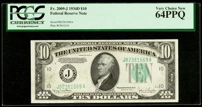1934 D $10 Federal Reserve Note Kansas PCGS 64 PPQ Serial # J82381569A Fr 2009-J - Image 1 of 2