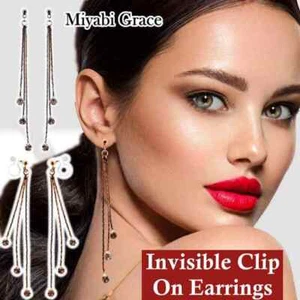 Clip On Earrings Invisible Dangle Silver Gold Silver Threader Long Chain Crystal - Picture 1 of 36