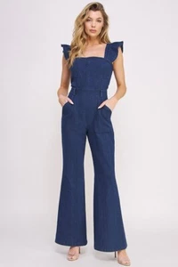 Ruffle Strap Wide-Leg Denim Jumpsuit By Jade By Jane - Picture 1 of 7