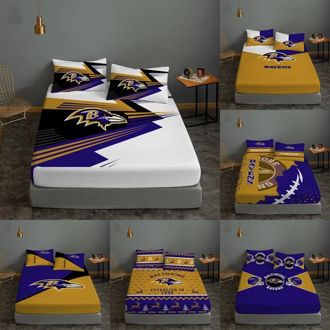 Baltimore Ravens 3Pcs Fitted Sheet Bedding Deep Pocket Mattress Pillowcases Gift Cover