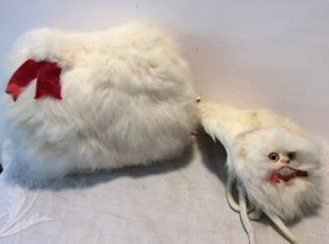 Vintage Child’s White Rabbit 8” Muff & 11” White Fur Hat With Kitten Face SS - Picture 1 of 5