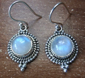 Round Moonstone 925 Sterling Silver Dangle Earrings Silver Dot Accented - Picture 1 of 3