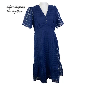 Bloomchic Gingham Flutter Sleeve Ruffle Hem Pockets NAVY Dress 12 LARGE - Picture 1 of 9
